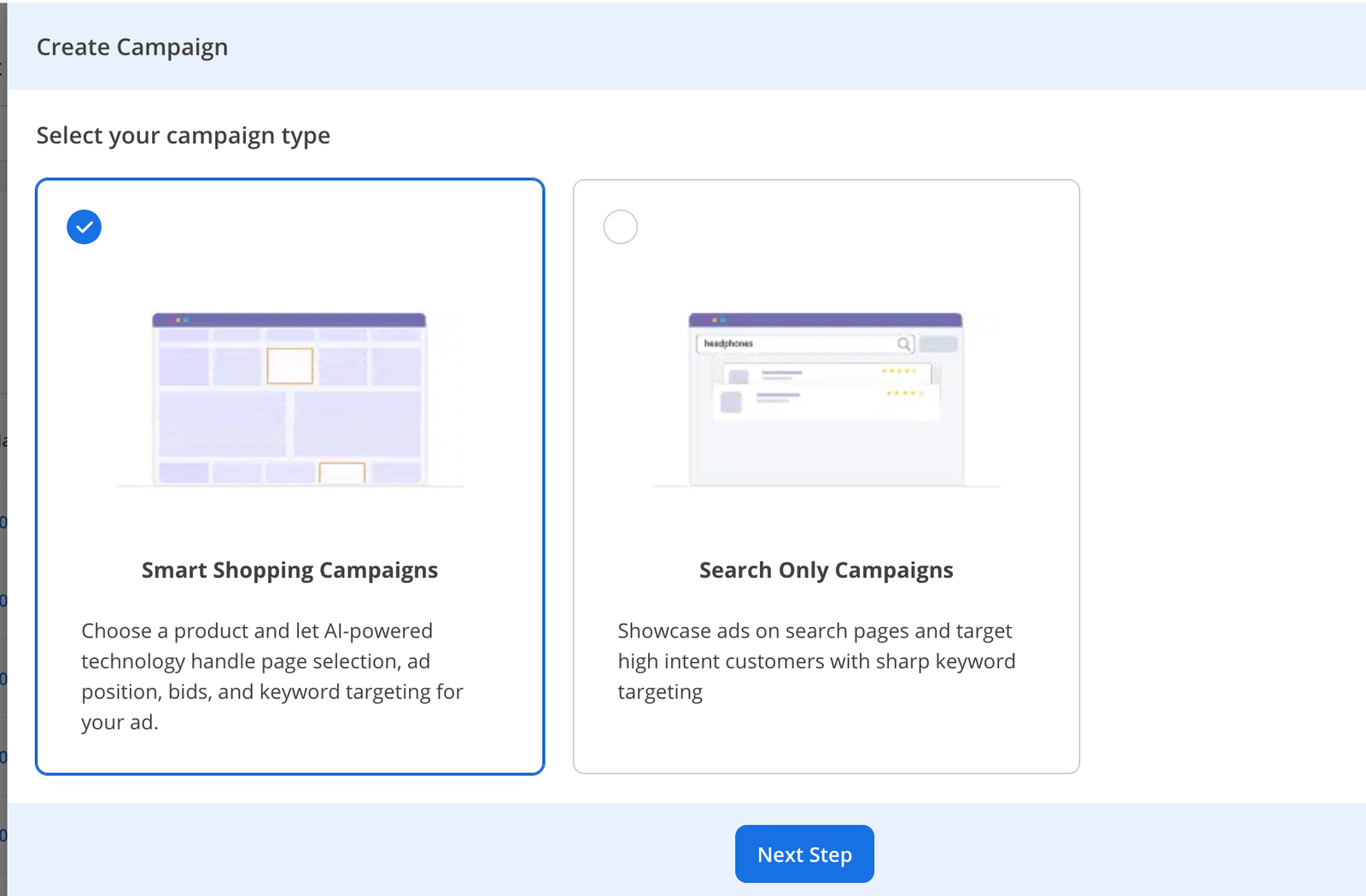 Inmar create campaign screen offering Smart Shopping Campaigns and Search Only Campaigns